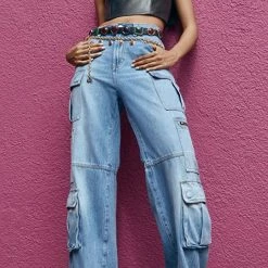 Top 10 🎁 Alice + Olivia Cay Baggy Denim Cargo 👖 Jeans Brea Blue 😉